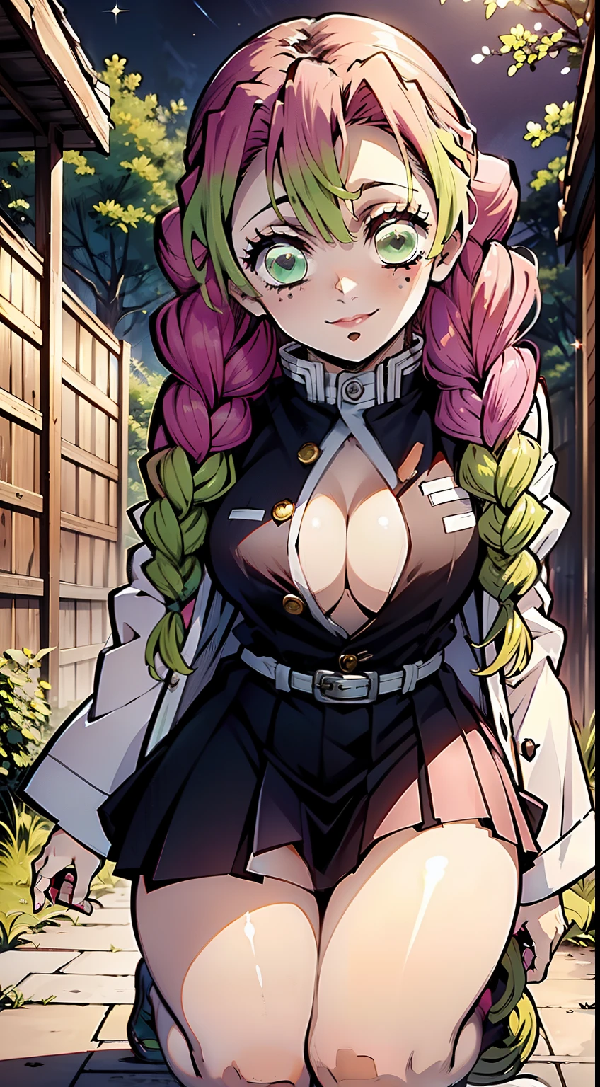 Looks into the frame, Night Forest, the night, Smiling, having fun, laughting, facing the viewer, Very sexy ass, sits on knees, Romantic, Feminine, Super detailed: 1.5), perfect lighting, glittering, Nature, At a distance, body complet, facial focus, a 1girl, ssmile, Smiling, Mitsuri (Demon Slayer), handsome girl, Night Forest, beatiful face (Mitsuri (Demon Slayer), White Haori, black skirt with silver belt and green striped hips, bright pink hair (green at the tips), rose hair (Dark pink), Green ends of hair, Gradient hair, multi-colored hair, hairlong, quiff, twin braids, green colored eyes, Demon Slayer Uniform, Long sleeve jacket, White Haori, blackskirt, Silver Belt, green striped thighs, blusher, realisti, pectoral muscles,, wide thighs, (Thick rods: 0,9), décolleté, gaze at the viewer, (beste-Qualit), tmasterpiece,