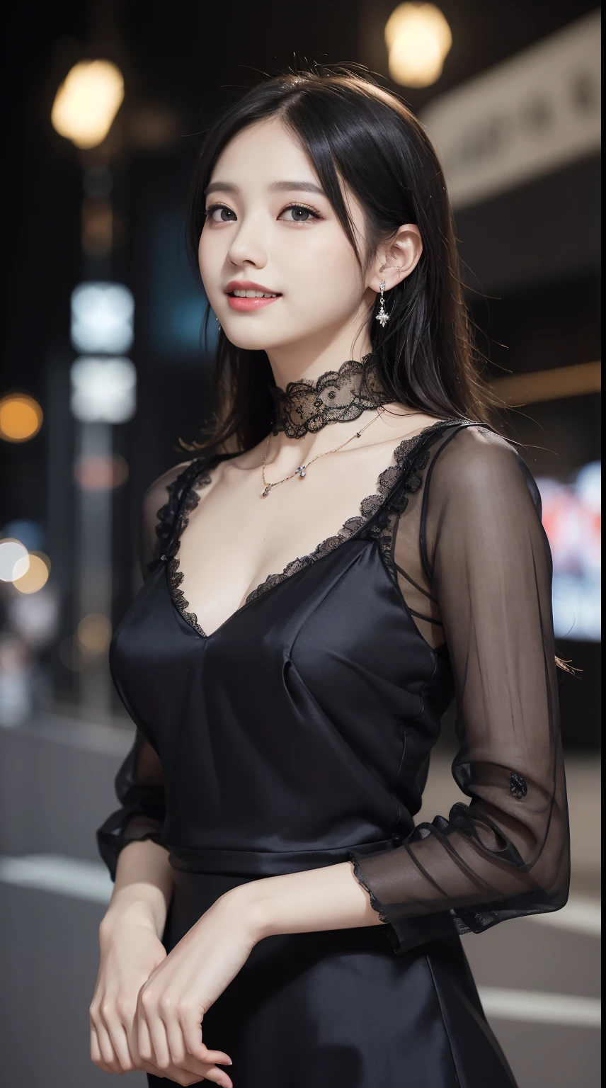 8K, Masterpiece, Raw foto, Best Quality, Photorealistic, Extreme Detail CG Unity 8K Wallpapers, Depth of field,
Cinematic light, lens flares, Ray traching, (extremely beautiful face, beautiful lips, beautidful eyes), Intricate detail face,
((ultra detail skin)) 1Girl, Dark In, Deep Shadow, Pretty Korean Girl, kpop-idol,(Very slender muscular body:1.3),
((looking up at viewer)),(big grin:1.3), (Tight midi dress), (Shot sleeve) ,
(Overnight in Fashion City, (neon sign), (Big building), Fashion Street Night),(No people), (There are no people in the background.:1.Pretty Korean Girl, White diamond earrings, That person is a bracelet.., Dia Necklace, Pantyhose, Clear eyes, walking ,
Front Shot, (pale-skin), Facing Forward, (Big Eyes), ((upper body shot)), ((Silk lace)), ((black color dress:1.3)),
(looking up at viewer:1.3), (see - through)