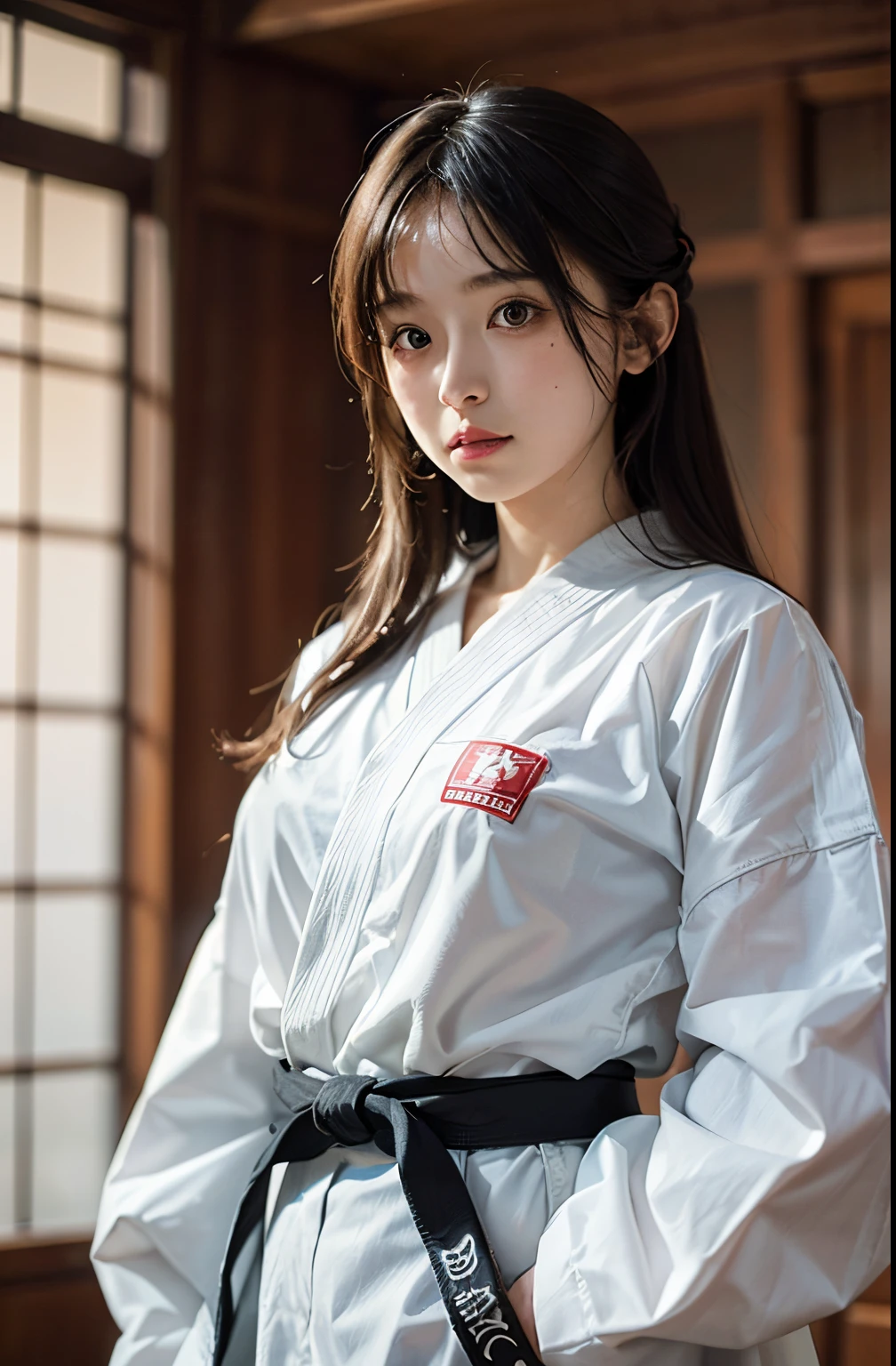 (8K、Raw photo、picture quality、、、、、、masutepiece:1.2)、(realisitic、Photorealsitic:1.37)、Japan female judoka、Black belt white judogi、Cowboy composition、Frontal line of sight、Tatami room in the dark、solemnity、Intimidating appearance、Dignified atmosphere、Muscular upper body、Stand with dignity、Menacing posture、Fluttering hair