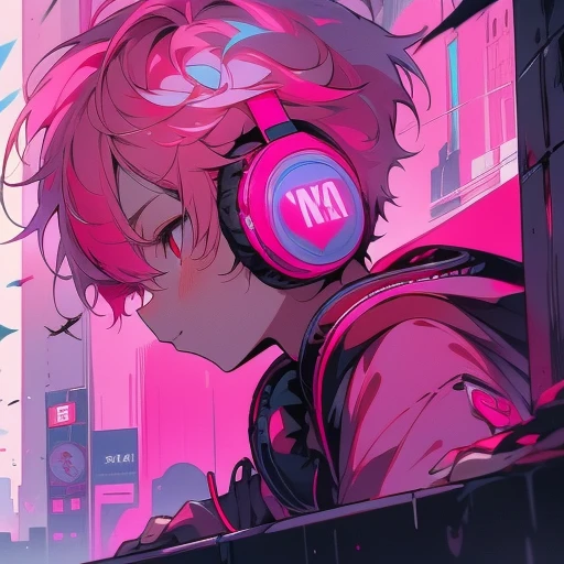 (short-cut), (Two-block hair), (vivid pink hair), (male character), (red eyes), (Cool pose), (of the highest quality), (masterpiece), (ultra-detailliert), (Oversized hoodies), (headphones), (Street), (neons), (Camera from a down angle), (Modern City), (Neon Daylight), (Cinematic), (Stylish), (hight resolution), (Hyper Detailed), (Looking at the camera), (Anime-style), (Softtown), (nightcore), (Young men), (a handsome man), (Listening to music), (Natural look on the building), (A slight smil)