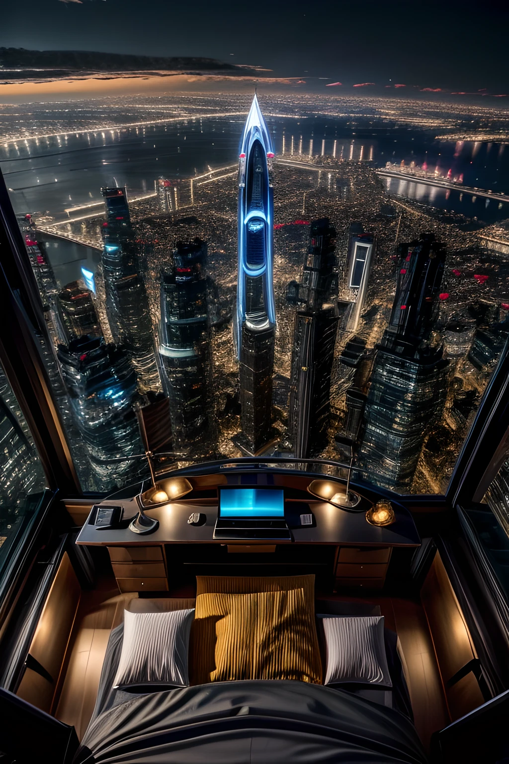 (from above:1.5),(establishing shot:1,5) of the bedroom of a cyberpunk penthouse with gravity-defying furniture, giving the of weightlessness against the backdrop of the city lights