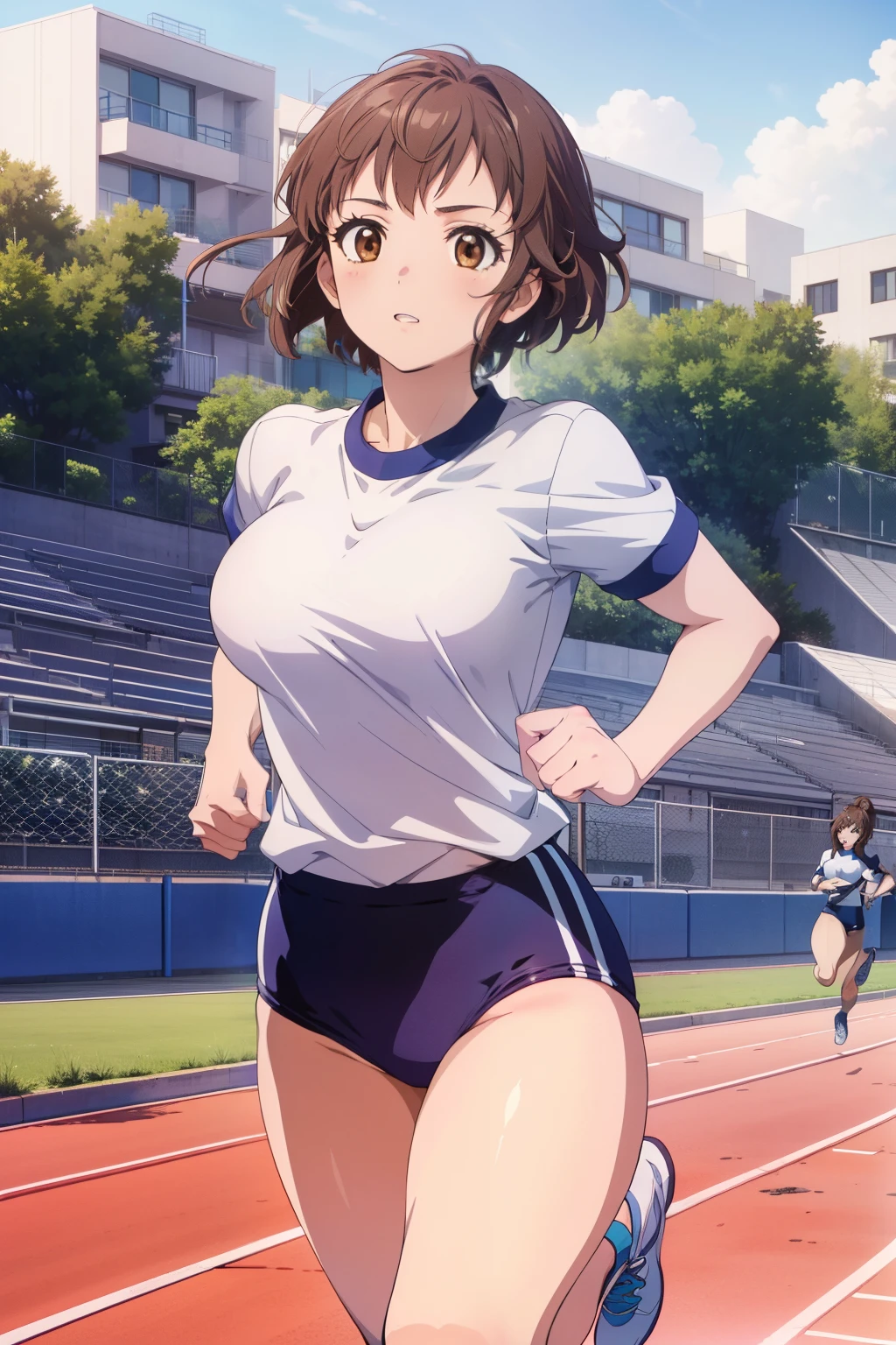 absurdres, highres, (official art, beautiful and aesthetic:1.2), ultra detail, natsunominami, brown eyes, buruma, gym uniform, large breasts, Thigh Focus, running, outdoors, track and field, confident