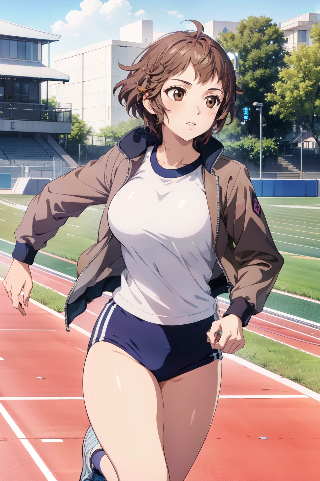 absurdres, highres, (official art, beautiful and aesthetic:1.2), ultra detail, natsunominami, brown eyes, buruma, jacket, gym uniform, large breasts, Thigh Focus, running, outdoors, track and field, confident