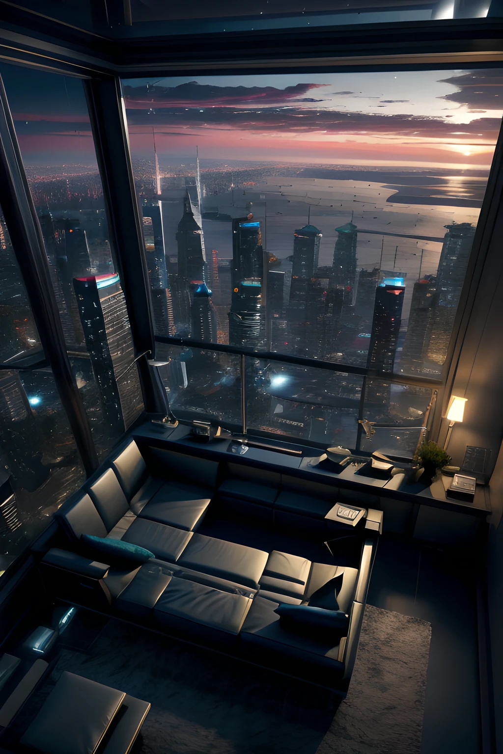 (from above:1.5),(establishing shot:1,5) of the bedroom of a cyberpunk penthouse with gravity-defying furniture, giving the  of weightlessness against the backdrop of the city lights