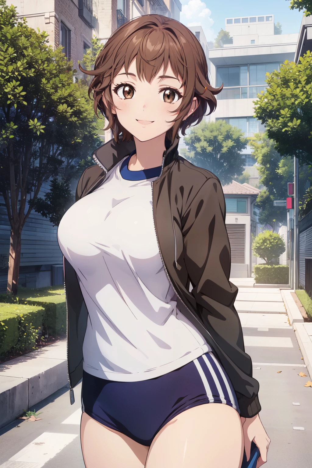 absurdres, highres, (official art, beautiful and aesthetic:1.2), ultra detail, natsunominami, brown eyes, large breasts, buruma, jacket, gym uniform, arms behind back, smile, outdoors