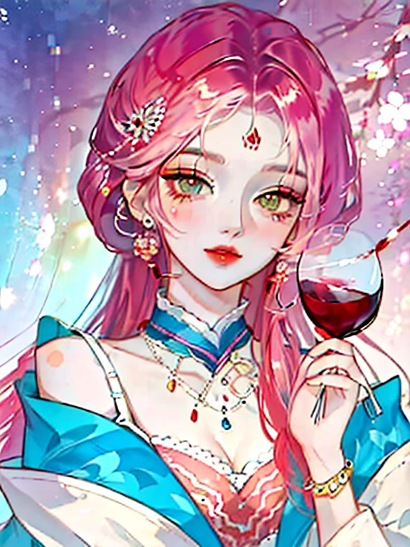 8K,gal,an extremely delicate and beautiful,Beautiful and realistic skin,Shiny jewel-like earrings,Long colorful hair,beautiful eyes,shine like glitter dress,drink wine,beautiful sunset