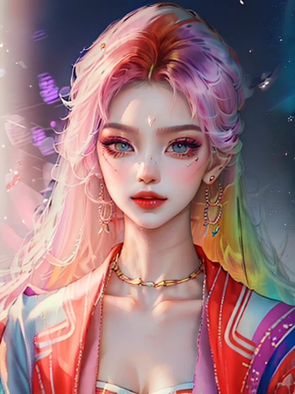 tmasterpiece, Best quality, , fully body photo, Fashionable clothing in ╳╳╳ style, Bold colors and patterns, eye-catching accessories, Stylish and innovative hairstyle, Vibrant makeup, Bright and vivid color scheme, jpn, illuminations, Detailed skin texture, Fabric texture delicate, beautiful detailed face, Complicated details, ultra - detailed.
