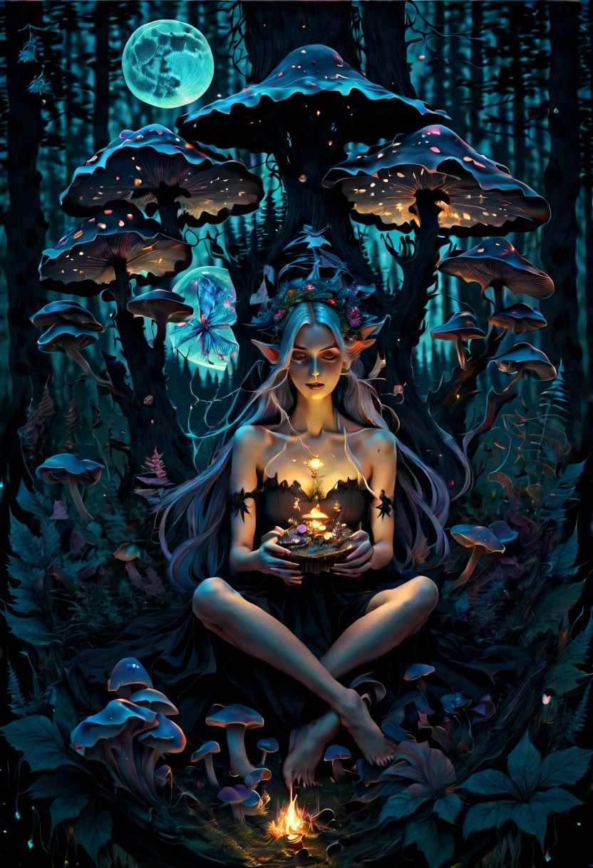 Three different beautiful erotic witch girls having in a ring of mushrooms in the dark forest lit by tiny fireflies