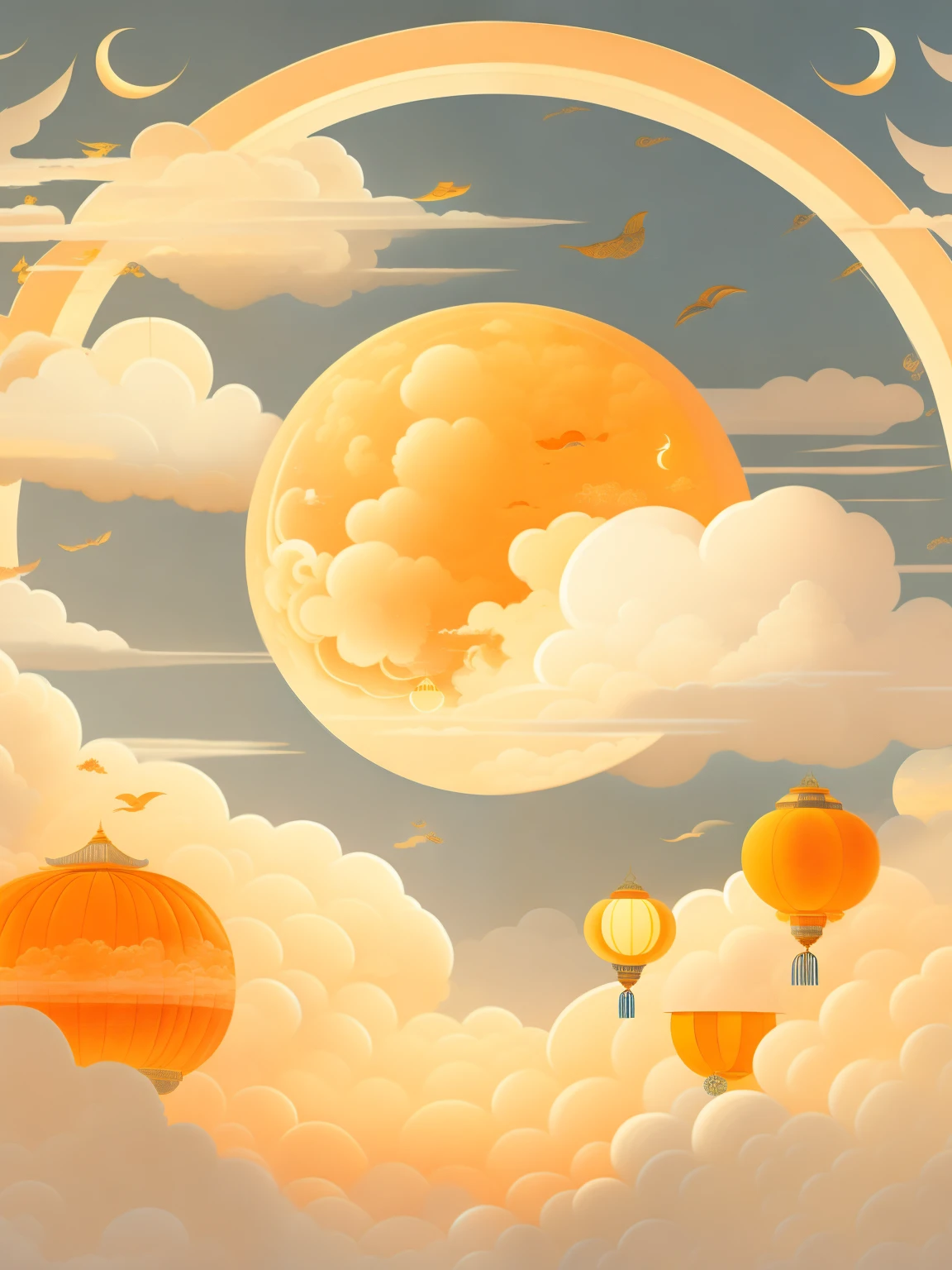 Art commercial illustration。The moon empty,surrounded by cloud,China-style,There are several lanterns flying outside the moon。The center area of the picture centered and typeset。laurel、Monte、Eau、Clouds and details decoration,Poster design,vectorial art,Best quality,8K,orange tint。