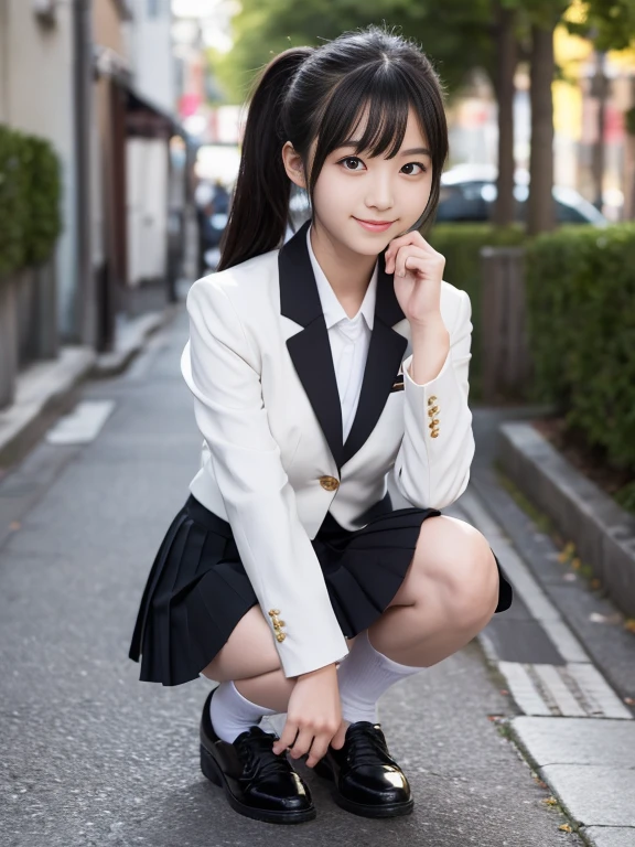 Kawaii Girl,japanes,18year old、masterpiece、Full Body Display、Full body posture、facing the front there,8K、Wearing a blazer uniform and short pleated skirt、squatting,legs wide open、With the best image quality、beautiful a girl, cute little,Black hair,poneyTail、 hight resolution, ultra-detailliert, finely detail, ighly detailed, extremely detailed eye and face, Sharp pupils,teenage girl squatting,In ultra-high resolution,Cute smile, Cinematic lighting,tranquil atmosphere、Beautiful fine details,extremely detailed eye and face、Smiling