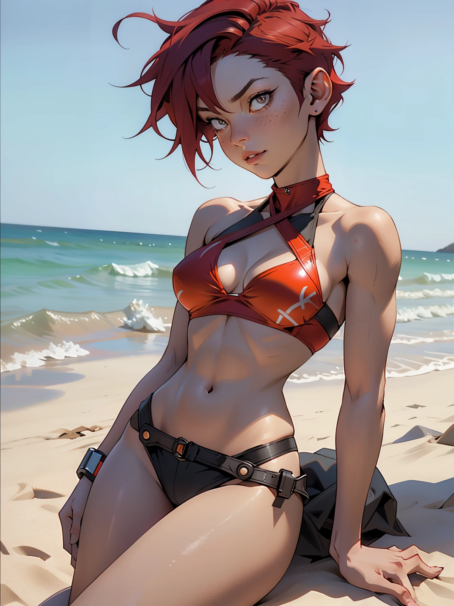 1girl, full body, , solo, (short pixie cut Hair, undercut red hair: 1.28), ((light gray eyes)), some small freckles, (dark fox ears: 1.35), pale skin, large breasts,ge, (thinhin waist , athletic body: 1.25), background, looking away, (wearing only a bikini: 1.5), lying down in the sand, at a beach, masterpiece, best quality,3d rending work ,3DMM style, close-up, portrait, 3D,
