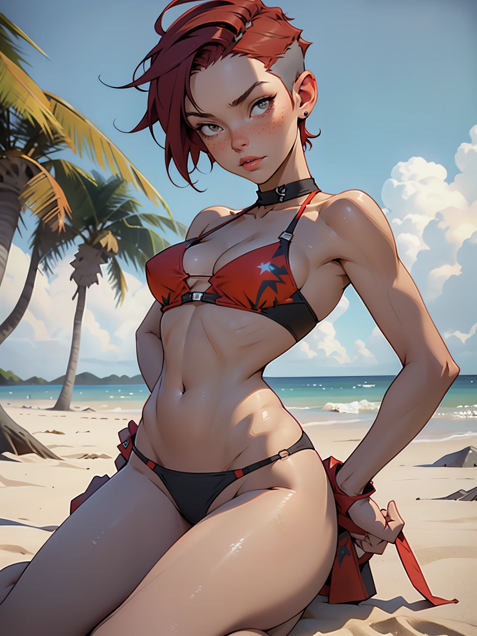 1girl, full body, teenager, solo, (short pixie cut Hair, undercut red hair: 1.28), ((light gray eyes)), some small freckles, (dark fox ears: 1.35), pale skin, large breasts, cleavage, (thin hips, thin waist , athletic body: 1.25),  background, looking away, (wearing only a bikini: 1.5), lying down in the sand, at a beach, masterpiece, best quality,3d rending work ,3DMM style, close-up, portrait, 3D,