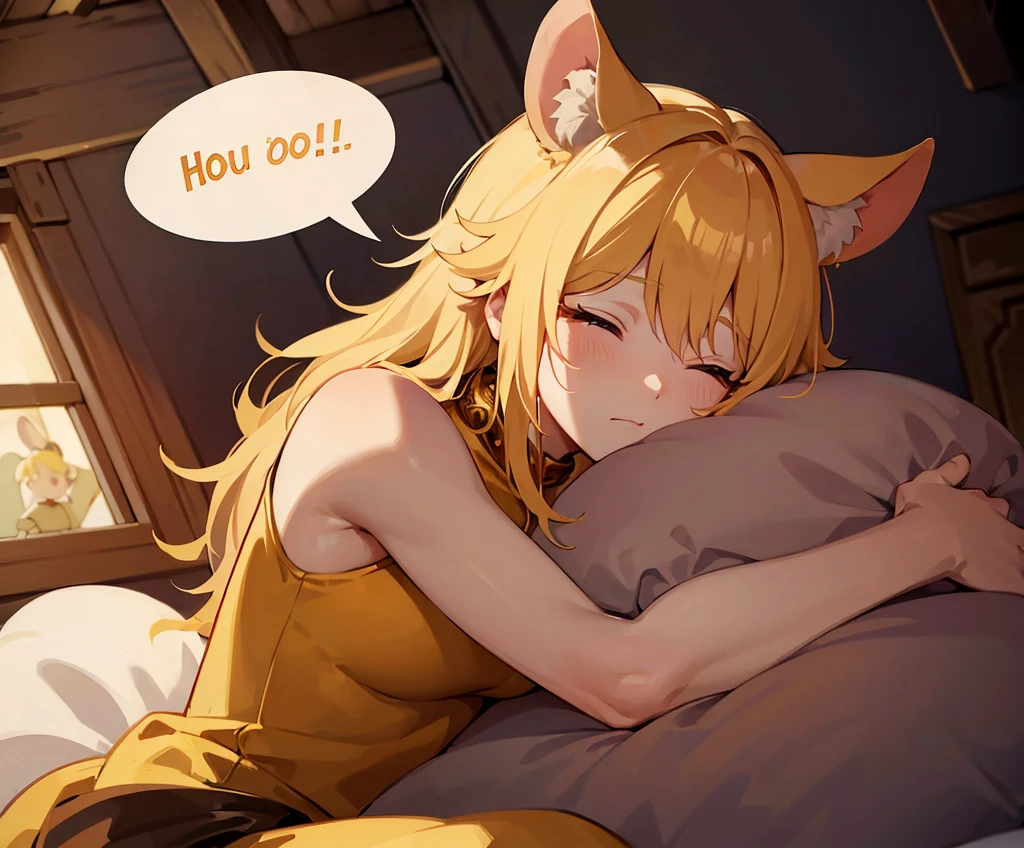 Speech bubble, sitting in attic, thought bubble, anatomically correct mouse tail, gold hair, pure gold fur, mouse ears, mouse whiskers, skinny girl, highest quality, high res, inspired by Roll Caskett, somber, girl hugging boy, eyes shut, melting hug