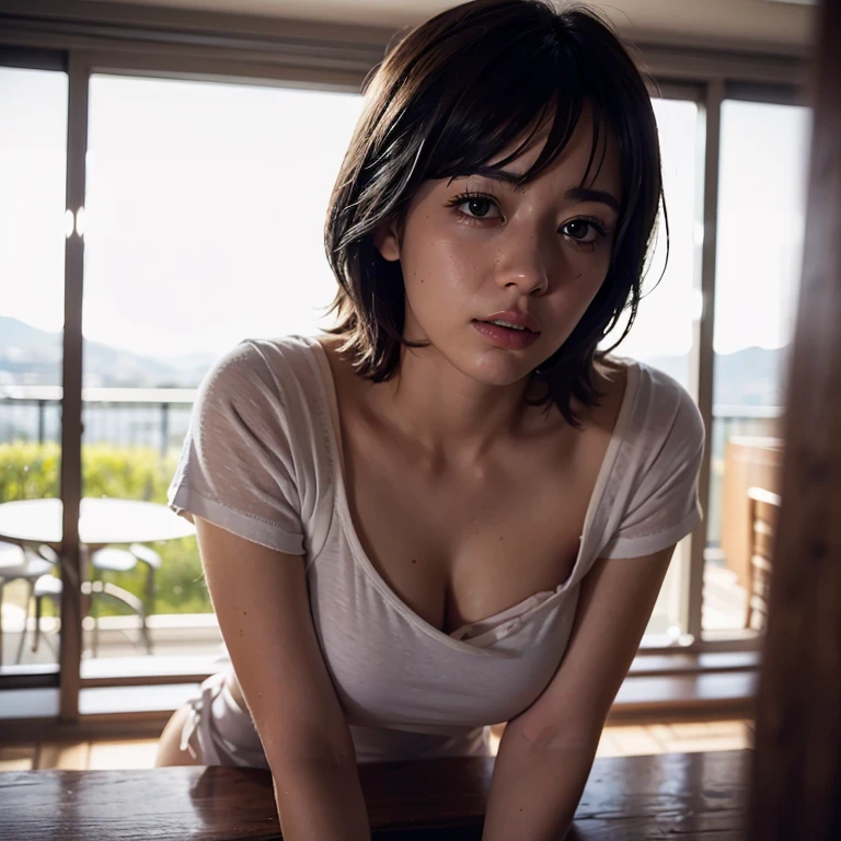 vivid colors, soft lighting, artistic portrait style, (tmasterpiece:1.2, Best quality at best), 1 woman, Alone, The upper part of the body, large tities, Tight white T-shirt and jeanlack short messy hair,  makeup，Confident and relaxed, aprons，parted lips , teats slightly embossing, Look up at the lens, drunk face,