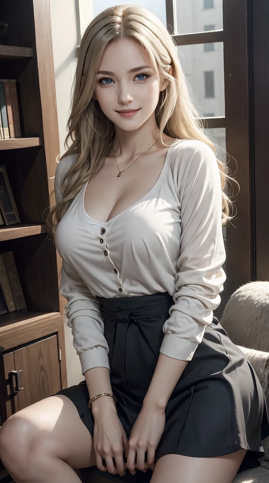 25-year-old Caucasian woman、dark blonde、blue eyess、Longhaire、setting hair、a smile、accessories on the wrist、Slender but well-proportioned muscular body、a smile、Breasts are big、Wearing a dress、wearing a cardigan over a dress、I&#39;m wearing a loose-fitting skirt、I&#39;m looking for a book on the bookshelf by the window in the living room.、a smile、be tall