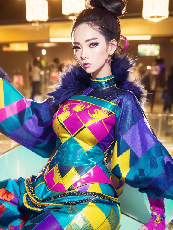 tmasterpiece, Best quality at best, , Full body photo, New Year style fashionable clothing, Bold colors and patterns, eye-catching accessories, Stylish and innovative hairstyle, Vibrant makeup, Bright and vivid color scheme, jpn, Lighting, Detailed skin texture, The texture of the fabric delicate, beautiful detailed face, Complicated details, ultra - detailed.