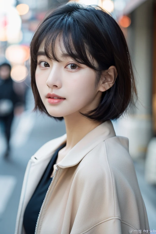 (1 beautiful Korean star) Shoulder-length hair, Thin makeup, Medium chest size, Wearing a coat, Clear facial features, 8K high resolution, Sharp, realistic detail.From the outside, Eye-level shots, f/4.0, 135mm, Fujifilm, jpeg artifacts, dithering, UHD, masterpiece, s whole body, standing facing forward, short cut, The whole body is visible, The entire upper body is visible