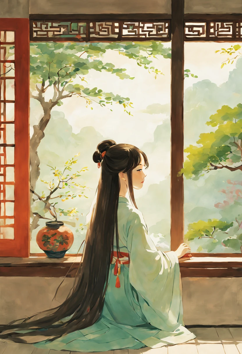 painting of ancient china, there is a back of a young girl sitting in a room in an ancient china house, the young girl has long flowing hair, she is wearing hanfu and looking out of the window seeing the tree outside, the window is rounded, spring, calming atmosphere, peaceful, soft