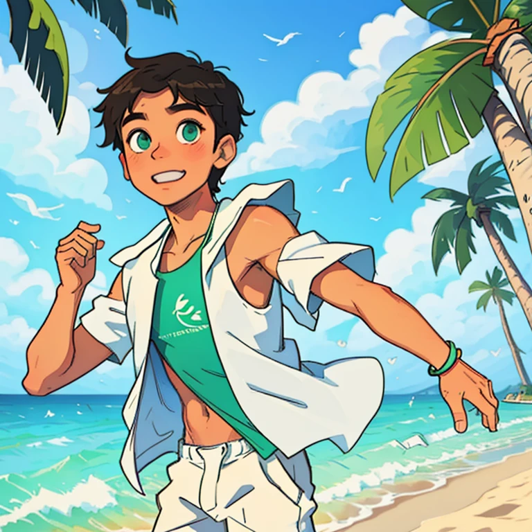 1 boy,A high resolution, high high quality, tmasterpiece, mxmk white vest, shoulder,Green-eyed, woven, Influencers, sea beach,rays of sunshine,giggles,coconut palms,swim ring