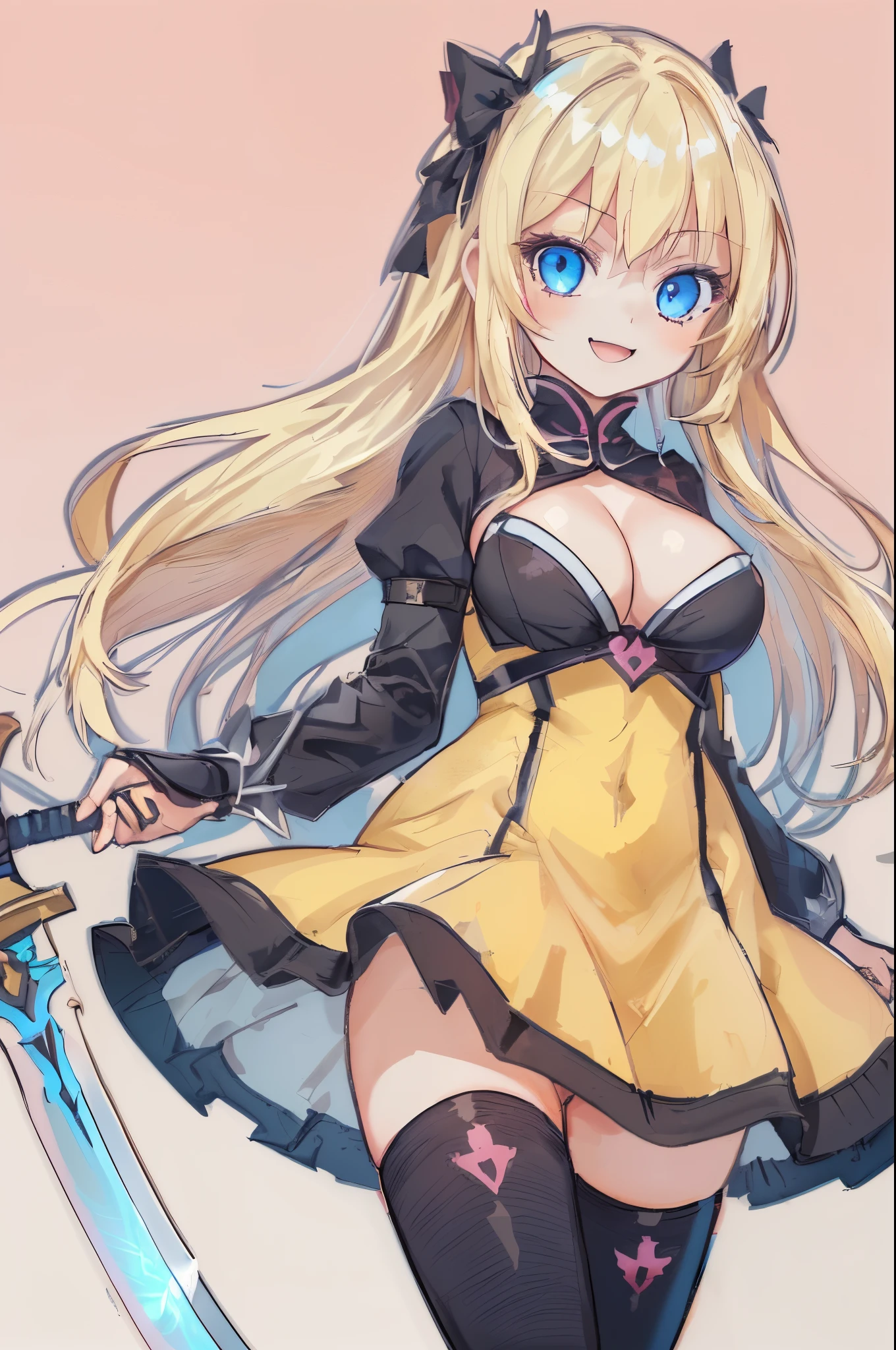 1girl, rating:safe, blonde_hair, thighhighs, solo, long_hair, blue_eyes, weapon, breasts, sword, pink_background, open_mouth, black_legwear, cleavage, smile, dress, zettai_ryouiki, medium_breasts, yellow_dress
