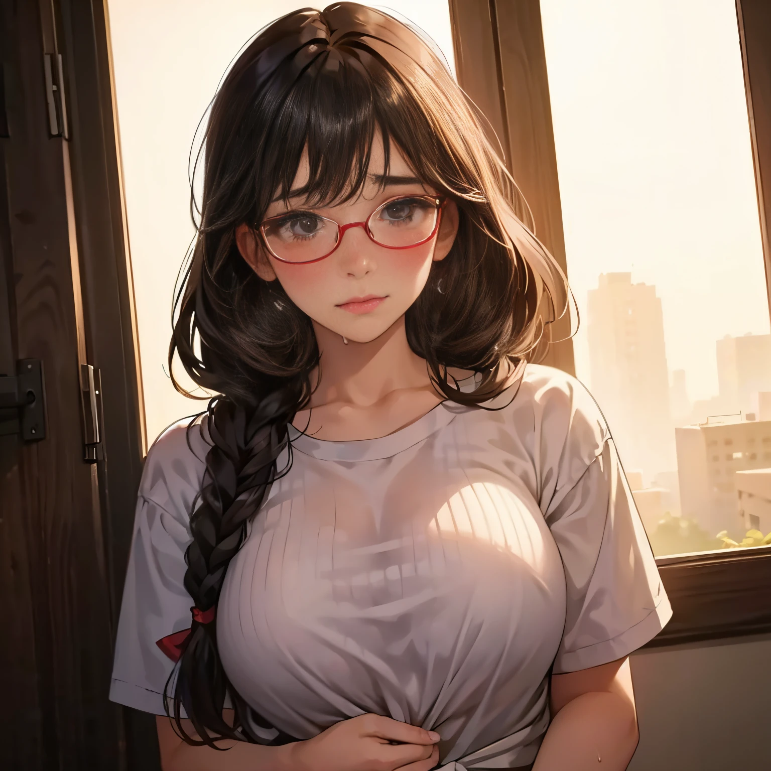 1 girl,A cute girl wearing glasses is sexually assaulted and is so embarrassed that she almost cries..,a baby face,red blush,Teary-eyed,shame,low braids with bangs,A dark-haired,Sweaty skin,Colossal tits,bustshot,photorealisim,​masterpiece,