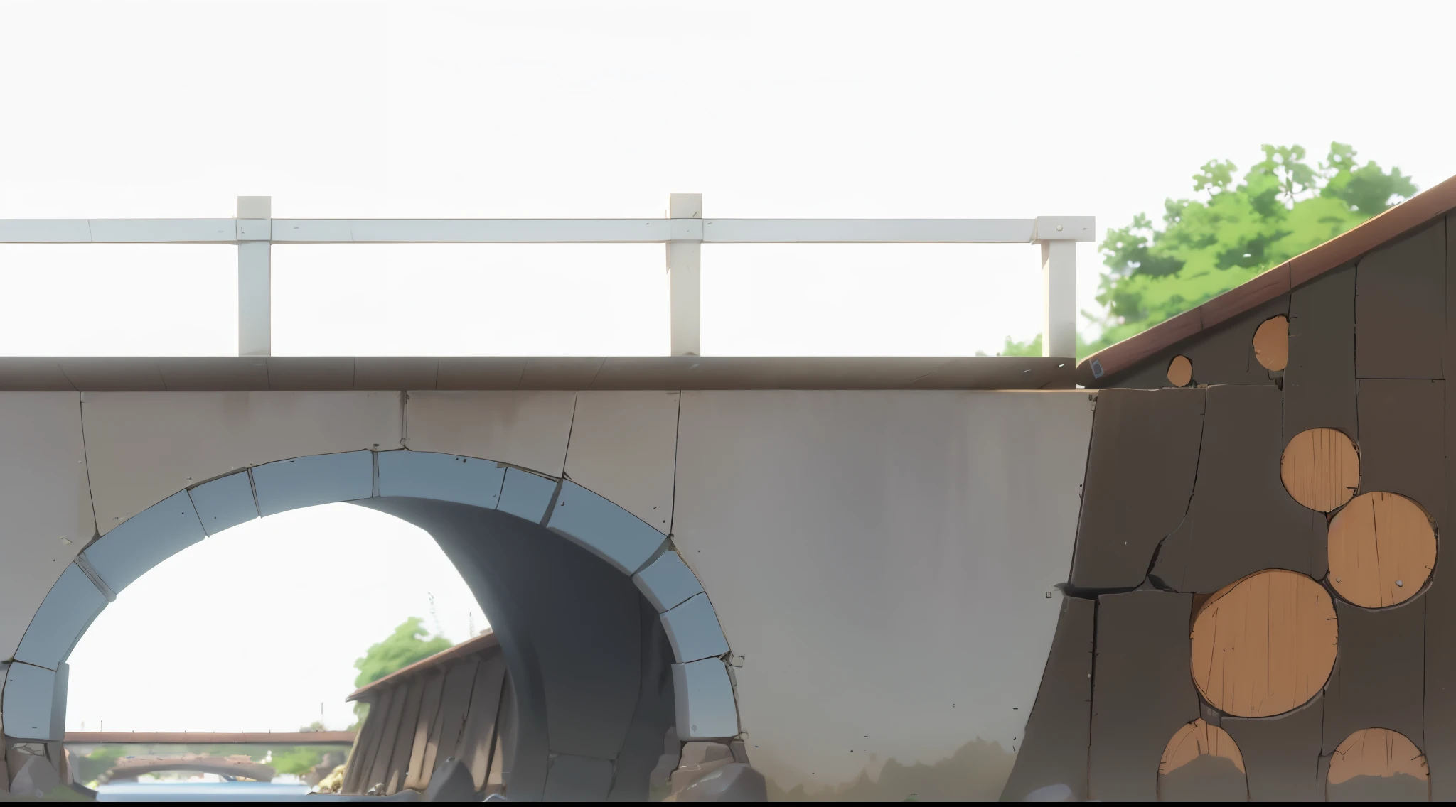 stone bridge, curved bridge, footbridges between houses, wooden bridge, a picture of the bridge from below with white wooden handrails, detailed scenery —width 672, with a river running through it, overpass, 4k anime, 4k anime background, 4k detailed, 4k anime, 4k anime background, 4k detailed,
