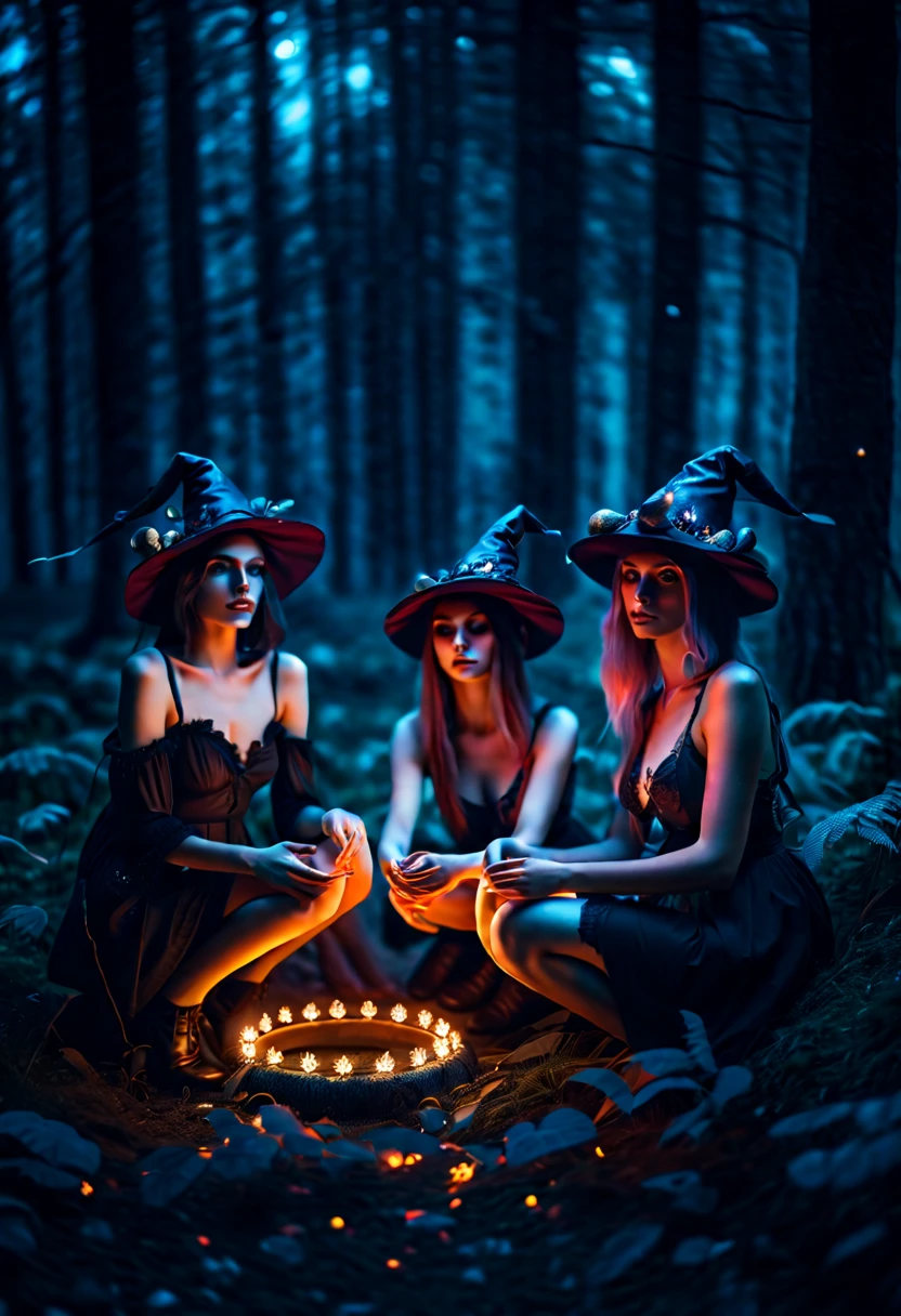 Three different beautiful erotic witch girls having in a ring of mushrooms in the dark forest lit by tiny fireflies