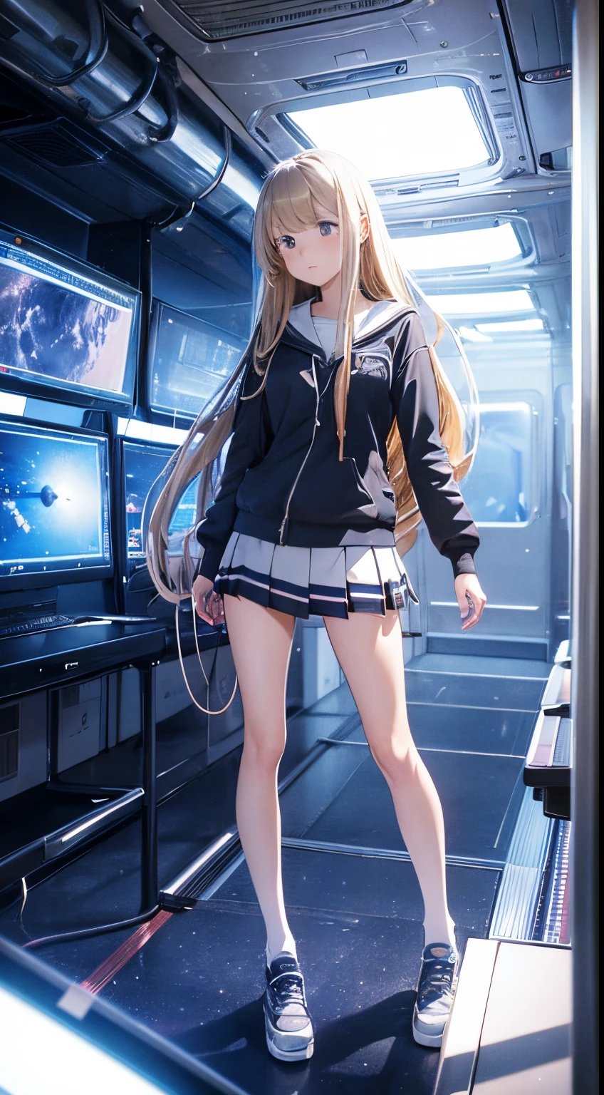 Jill Bauman, Ken Akamatsu, Surreal, mysterious, bizarre, fantastical, fantasy, Sci-fi, Japanese anime, infinite space on a plane, perspective, perspective drawing, beautiful high school girl in a miniskirt in virtual space, perfect body, cave, camera, optical design, detailed masterpiece