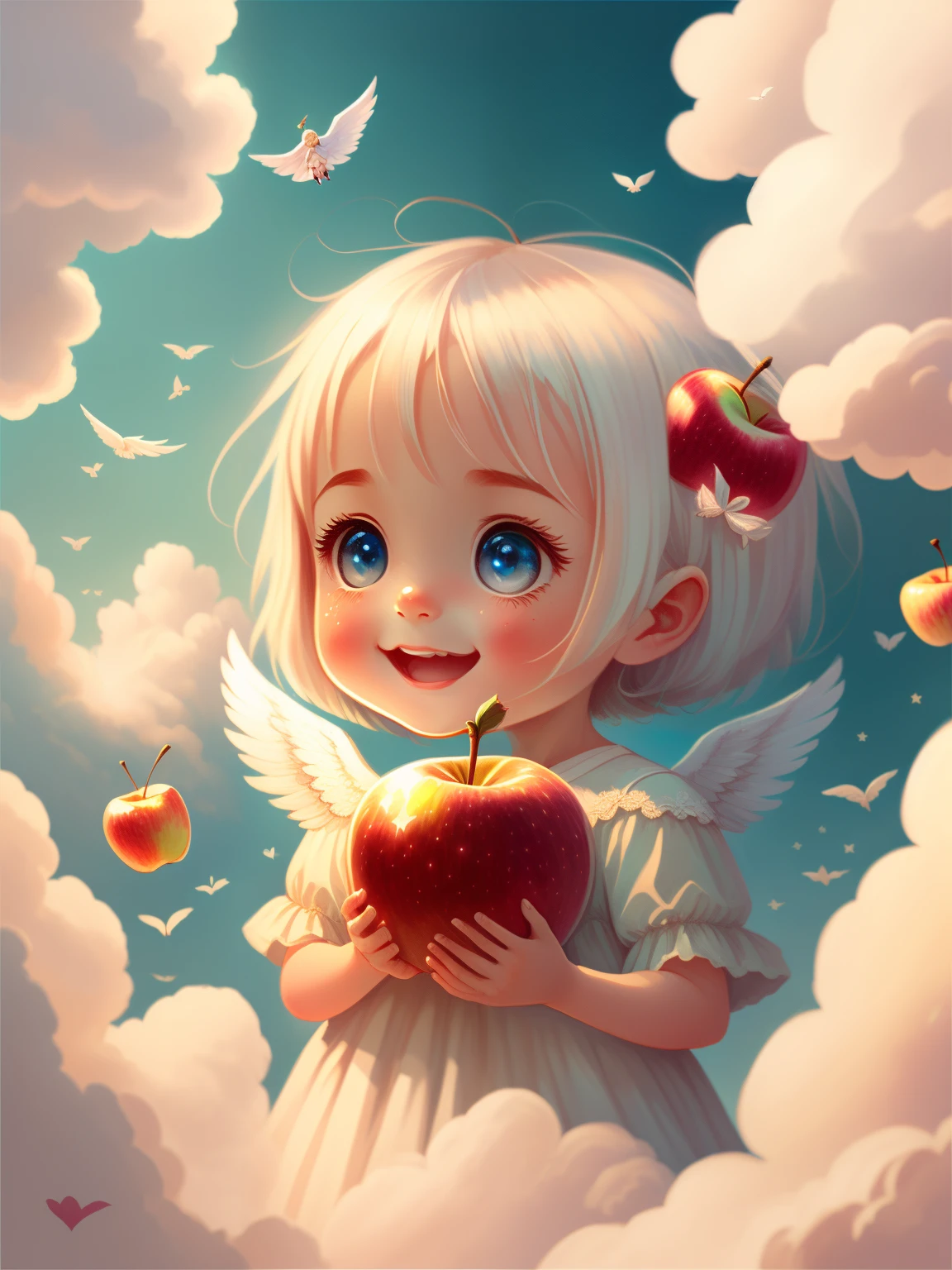 (A high resolution,Best quality,tmasterpiece:1.2),illuminations,the angel's wings,holding an apple,Cute little girl surrounded by clouds,Cloudy,White hair,innocent and joyful expression,clean backdrop