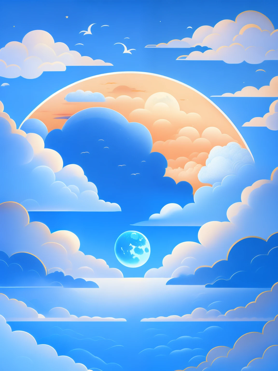 Art commercial illustration。The moon empty,Surrounded by clouds,Chinese style,。The center area of the picture centered and typeset。laurel、Monte、Eau、Clouds and details decoration,Poster design,vectorial art,Best quality at best,8K,Blue-orange tones。