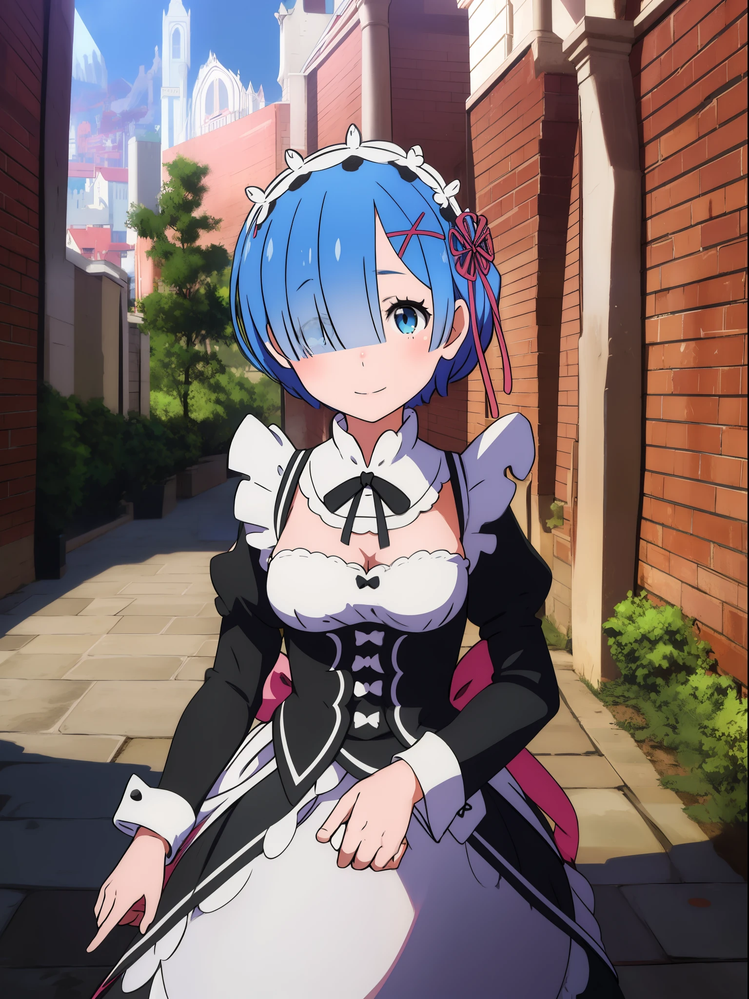 Rem Rezero, 1个Giant Breast Girl, Alone, , looking at viewert, Be red in the face, ssmile, short detailed hair, eBlue eyes, hair adornments, ribbons, Blue hair, Outdoor activities, separated sleeves, hair covering one eye, maid, maid headdress, x hair ornamen, pink ribbons, Roswaal mansion maid uniform, Photo background