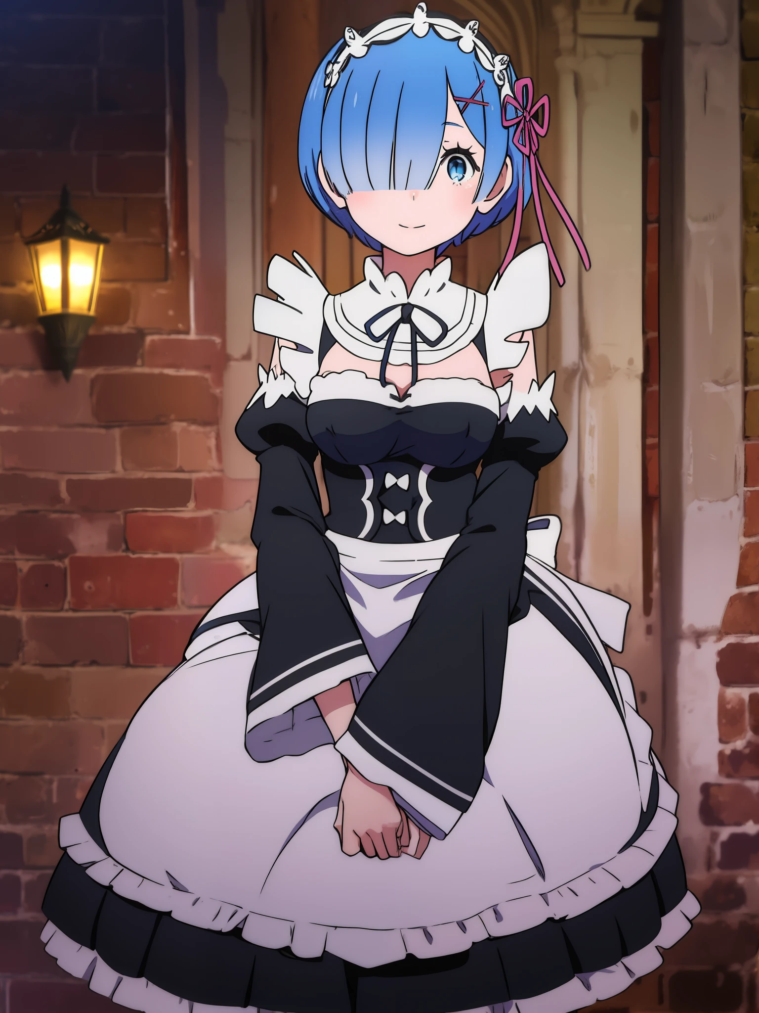 Rem Rezero, 1个Giant Breast Girl, Alone, , looking at viewert, Be red in the face, ssmile, short detailed hair, eBlue eyes, hair adornments, ribbons, Blue hair, Outdoor activities, separated sleeves, hair covering one eye, maid, maid headdress, x hair ornamen, pink ribbons, Roswaal mansion maid uniform, Photo background