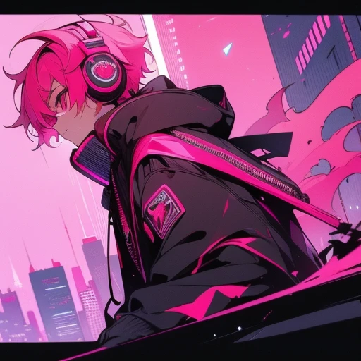 (short-cut), (Two-block hair), (vivid pink hair), (male character), (red eyes), (Cool pose), (of the highest quality), (​masterpiece), (ultra-detailliert), (Oversized hoodies), (headphones), (Street), (neons), (Camera from a down angle), (Modern City), (Neon Daylight), (Cinematic), (Stylish), (hight resolution), (Hyper Detailed), (Looking at the camera), (Anime-style), (Softtown), (nightcore), (Young handsome man), (Listening to music), (natural appearance of the building),