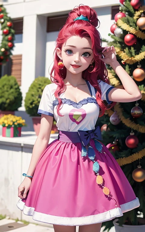 (La mejor calidad, Obra maestra), 1girl, 21 year old , brillar, vestido, Particle, viento, Flor, Parte superior del cuerpo , Mirando al espectador, cabello largo , lindos ojos , vestido rojo de navidad , Christmas Dress , maquillaje , labios rojos , sombra de ojos , hermosa sonrisa , background with christmas , senos grandes , largo cabello rosa esponjoso, foto de cuerpo completo , pose sexy  , Pinky pie, ojos azules , linda sonrisa , ropa santaclaus