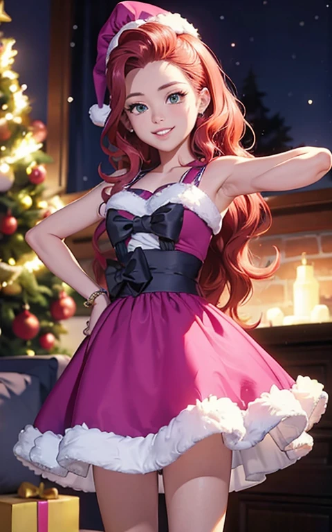 (La mejor calidad, Obra maestra), 1girl, 21 year old , brillar, vestido, Particle, viento, Flor, Parte superior del cuerpo , Mirando al espectador, cabello largo , lindos ojos , vestido rojo de navidad , Christmas Dress , maquillaje , labios rojos , sombra de ojos , hermosa sonrisa , background with christmas , senos grandes , largo cabello rosa esponjoso, foto de cuerpo completo , pose sexy , Pinky pie, ojos azules , linda sonrisa , ropa santaclaus
