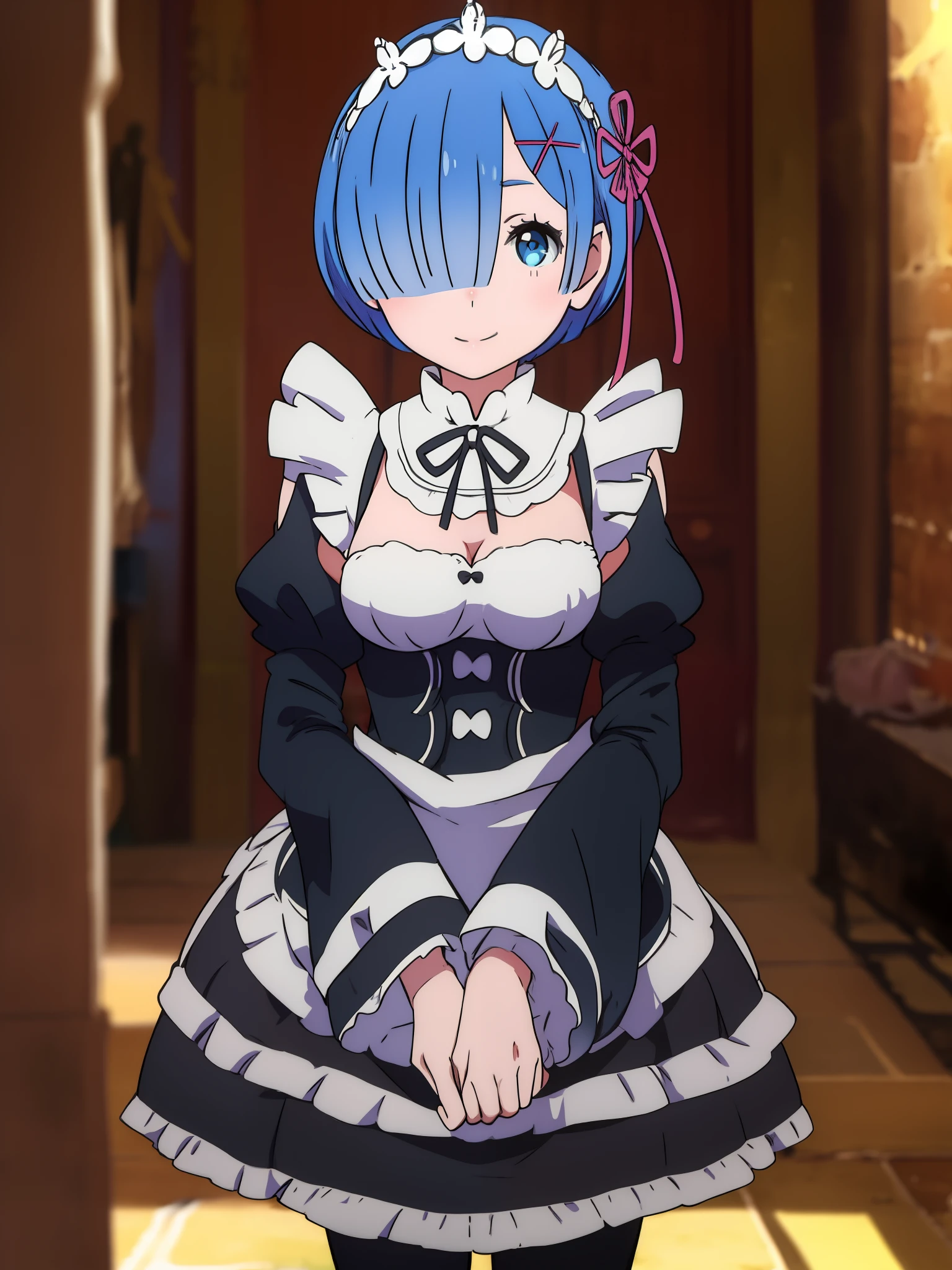Rem Rezero, 1个Giant Breast Girl, Alone, , looking at viewert, Be red in the face, ssmile, short detailed hair, eBlue eyes, hair adornments, ribbons, Blue hair, Outdoor activities, separated sleeves, hair covering one eye, maid, maid headdress, x hair ornamen, pink ribbons, Roswaal mansion maid uniform, Photo background