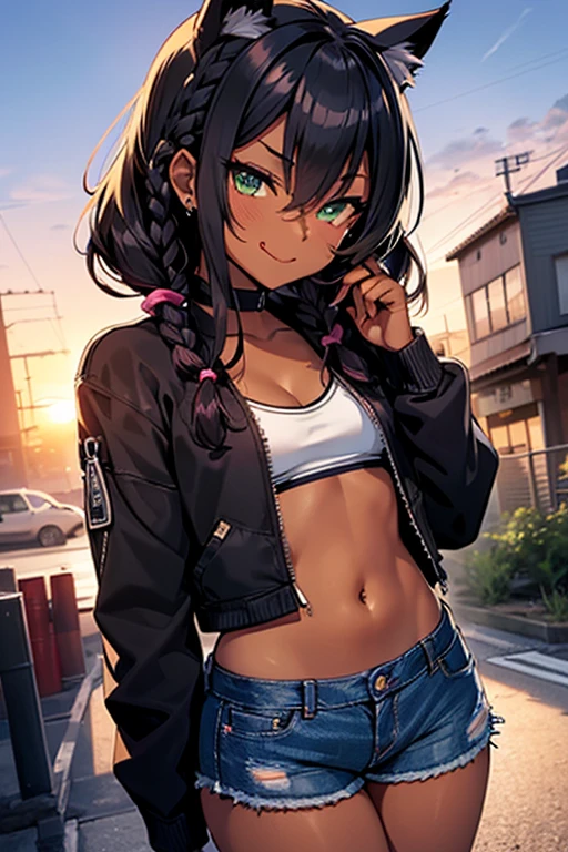 nsfw、masterpiece、best quality、super detailed dark skin、1catgirl、40 years old、jadegreen eyes、dark skin、cat ears、horse tail、hair/(braided side pigtails)、flipped hair、midnight black hair、cleavage、top/(small top)、pants/(small tight torn denim hotpants)、unbuttoned pants showing pink panties、background/(sunset city-harbor)、evil smile、mischievous face expression、sticking tongue out