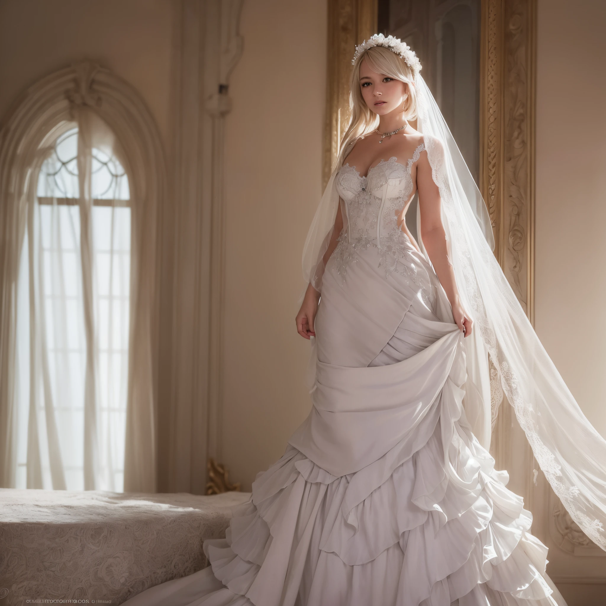 ((in doors, in school)),1girl,platinum blonde hair, dress, byrs, solo,veil, white dress, necklace, full body, flower, frills, standing, frilled dress, white flower, jewelry, lace wrist, Masterpiece:1.4), (Realisitc:1.2), (Absurdres:1.2), Ultra-Detailed, beautiful face, beautiful detailed eyes, (Realism:1.2), (photorealistic:1.3), Soft Lighting, Best Quality, 4K