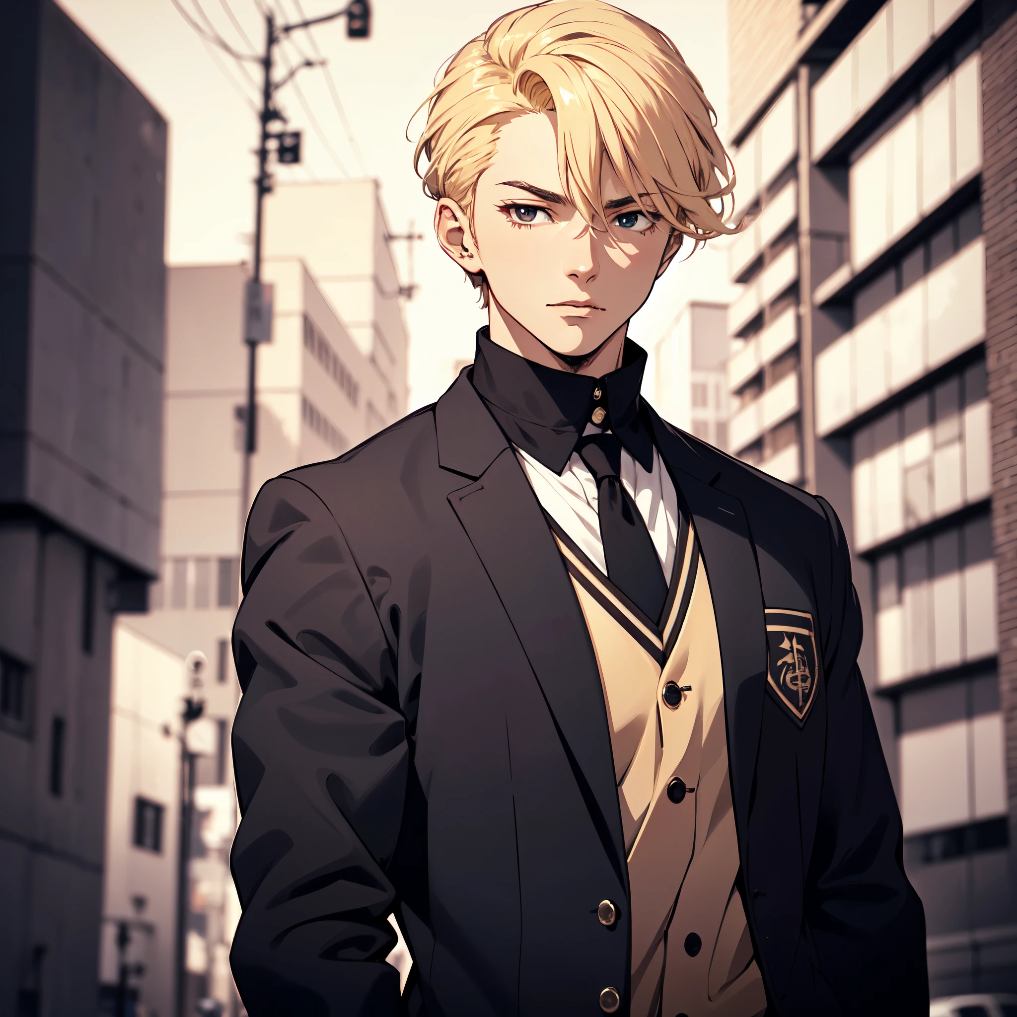 Ultra High Definition,
ultra-definition,
hyperdefined,
hyper quality,
Hyper Detail,
Extremely detailed,
perfect details,
Masterpiece,
8K,
1 Man,
アニメ,
blonde hairs,
Undercut hairstyle,
hard black eyes,
Handsome,
Singing in a beige school uniform,
body shot,
((Background with:concise, monocolored))