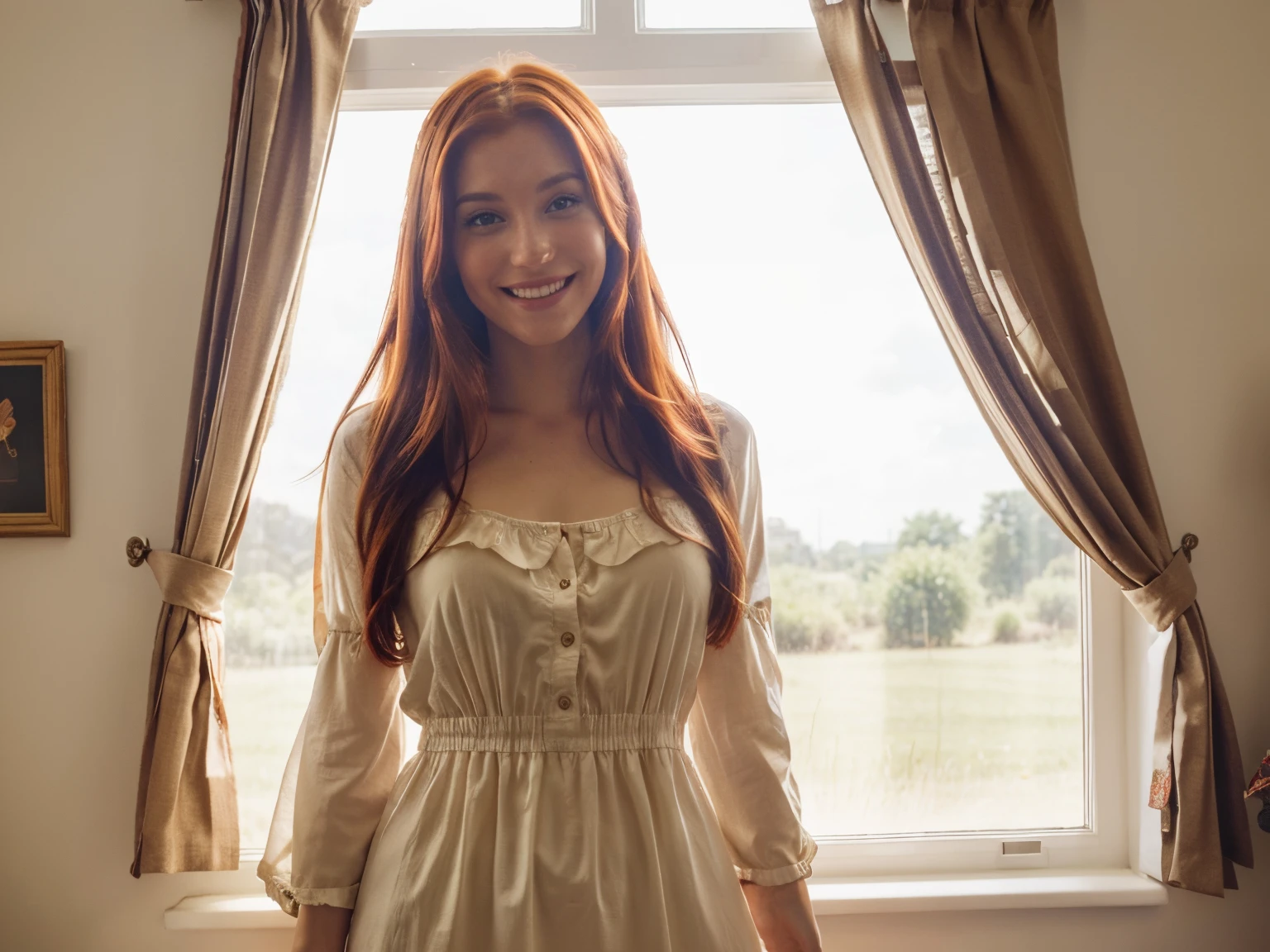 red hair, looking out of window, sunny day, summer dress, smiling, beautiful curtains, beautiful, perfect body, long hair, highest quality