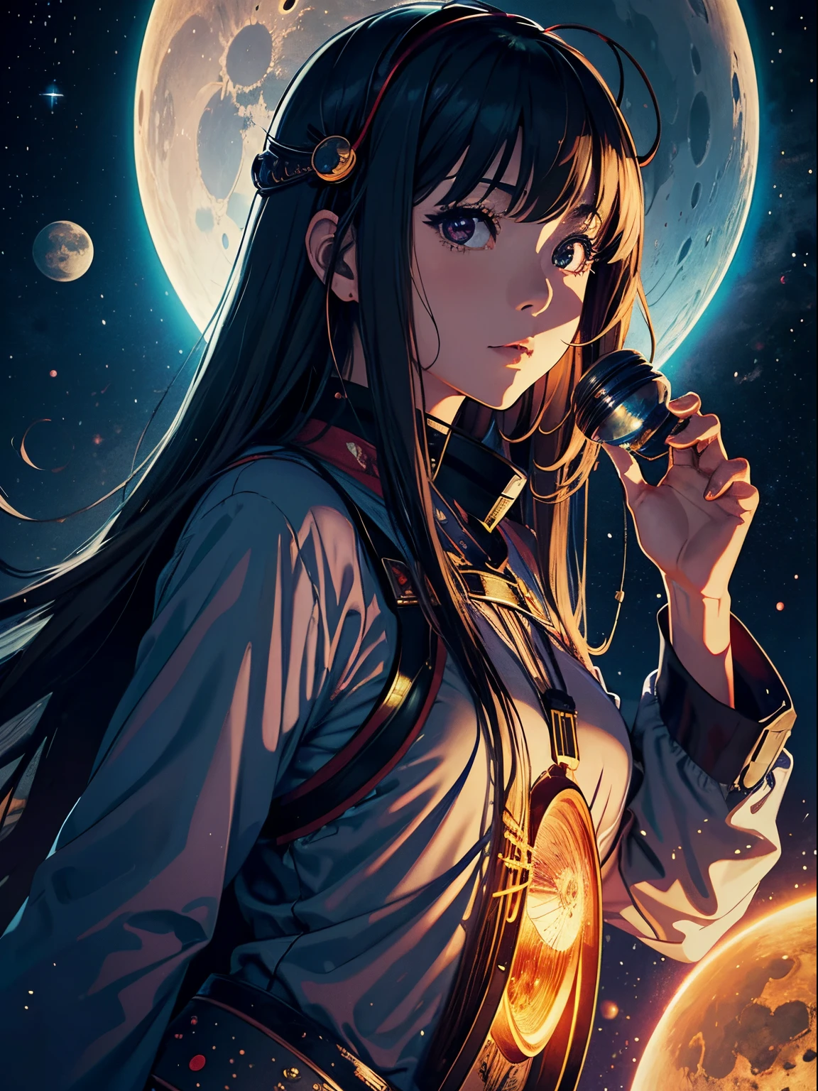 Futaba Aoi, Frank Brunner, Surreal, mysterious, bizarre, fantastical, fantasy, Sci-fi, Japanese anime, glass dome lunar astronomical observation laboratory, radio telescope, nebula, cosmic rainbow, galaxy, beautiful girl observing space, perfect voluminous body, detailed masterpiece