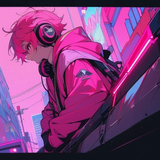 (short-cut), (Two-block hair), (vivid pink hair), (male character), (red eyes), (Cool pose), (of the highest quality), (masterpiece), (ultra-detailliert), (Oversized hoodies), (headphones), (Street), (neons), (Camera from a down angle), (Modern City), (Neon Daylight), (Cinematic), (Stylish), (hight resolution), (Hyper Detailed), (Looking at the camera), (Anime-style), (Softtown), (nightcore), (a handsome man), (Listening to music), (natural appearance of the building), (casual)