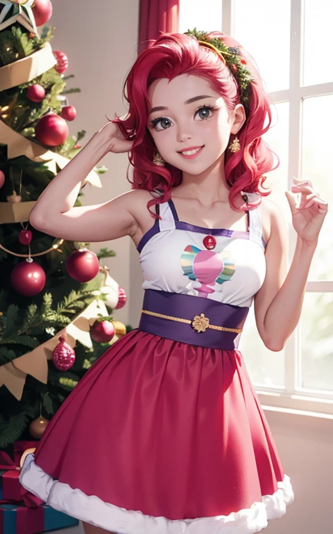 (La mejor calidad, Obra maestra), 1girl, 21 year old , brillar, vestido, Particle, viento, Flor, Parte superior del cuerpo , Mirando al espectador, cabello largo , lindos ojos , vestido rojo de navidad , Christmas Dress , maquillaje , labios rojos , sombra de ojos , hermosa sonrisa , background with christmas , senos grandes , largo cabello rosa esponjoso, foto de cuerpo completo , pose sexy  , Pinky pie, ojos azules , linda sonrisa , ropa roja santaclaus
