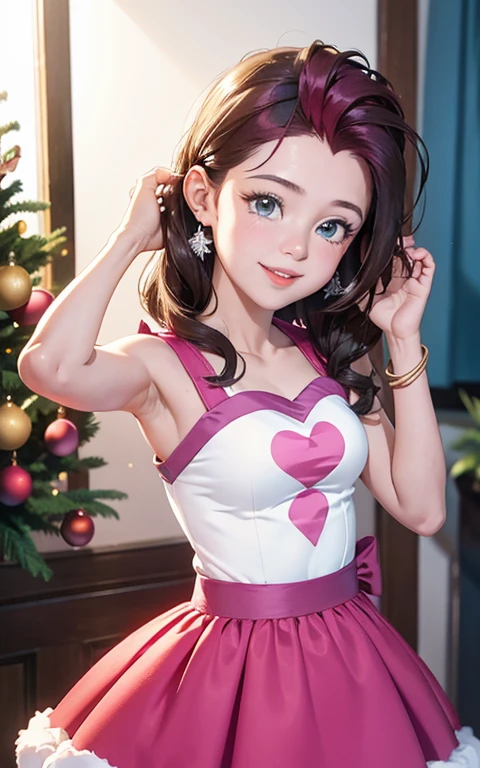 (La mejor calidad, Obra maestra), 1girl, 21 year old , brillar, vestido, Particle, viento, Flor, Parte superior del cuerpo , Mirando al espectador, cabello largo , lindos ojos , vestido rojo de navidad , Christmas Dress , maquillaje , labios rojos , sombra de ojos , hermosa sonrisa , background with christmas , senos grandes , largo cabello rosa esponjoso, foto de cuerpo completo , pose sexy , Pinky pie, ojos azules , linda sonrisa , ropa roja santaclaus