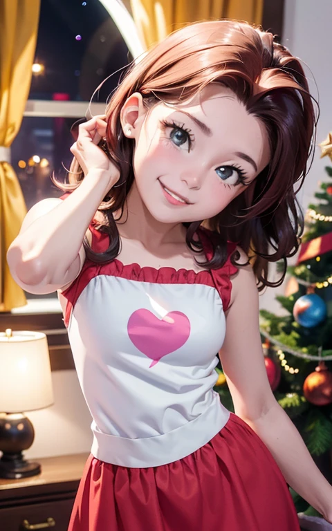 (La mejor calidad, Obra maestra), 1girl, 21 year old , brillar, vestido, Particle, viento, Flor, Parte superior del cuerpo , Mirando al espectador, cabello largo , lindos ojos , vestido rojo de navidad , Christmas Dress , maquillaje , labios rojos , sombra de ojos , hermosa sonrisa , background with christmas , senos grandes , largo cabello rosa esponjoso, foto de cuerpo completo , pose sexy , Pinky pie, ojos azules , linda sonrisa , ropa roja santaclaus