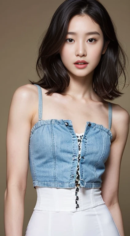 A woman with the same face as last time,1Man Woman、Slender Abs、Loose wavy styling、Please express it beautifully in every detail.....corset top, Including face and skin texture.,Detailed eyes,Seducting look、full body Esbian