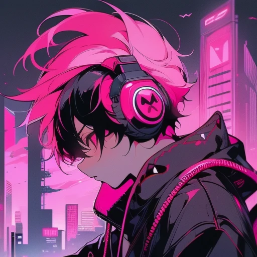 (short-cut), (Two-block hair), (vivid pink hair), (male character), (red eyes), (Cool pose), (of the highest quality), (masterpiece), (ultra-detailliert), (Oversized hoodies), (headphones), (Street), (neons), (Camera from a down angle), (Modern City), (Neon Daylight), (Cinematic), (Stylish), (hight resolution), (Hyper Detailed), (Looking at the camera), (Anime-style), (Softtown), (nightcore), (a handsome man), (Listening to music), (natural appearance of the building), (casual)
