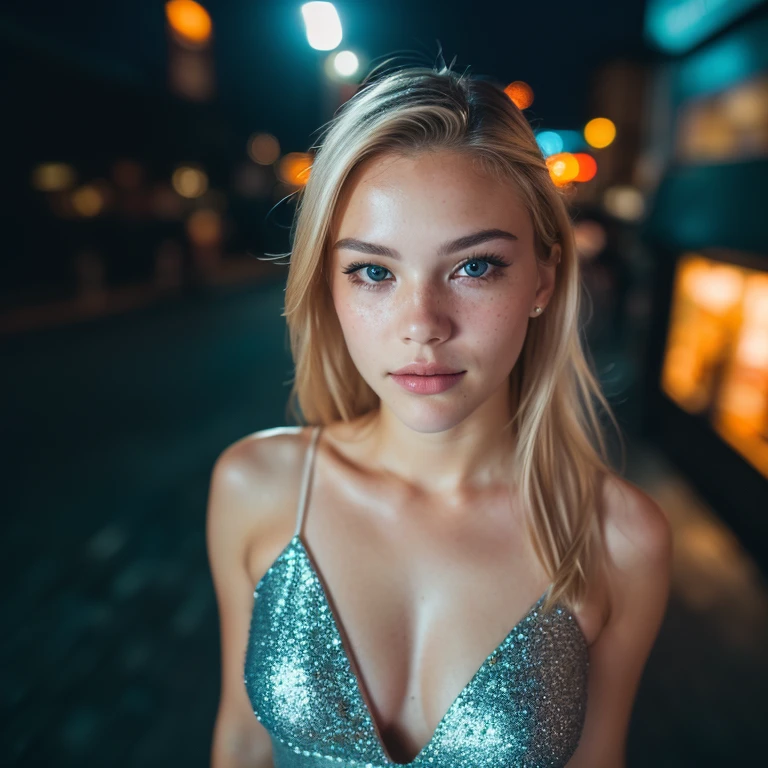 (selfie, top view: 1.4), (straight half of the body: 1.4), RAW UHD portrait photo of a 16-year-old blonde walking down a dark alley, large breasts,, city at night, (dress), (neckline), details (textures! , hair! , glitter, color!! , disadvantages: 1.1), glossy eyes with high detail (looking at the camera), SLR lighting, SLR camera, ultra-quality, sharpness, depth of field, film grain (center), Fujifilm XT3, crystal clear, frame center, beautiful face, sharp focus, street lamp, neon lighting, bokeh (dimly lit), night, (night sky), detailed skin pores, oily skin, sunburn, complex eye details, full body, large breasts