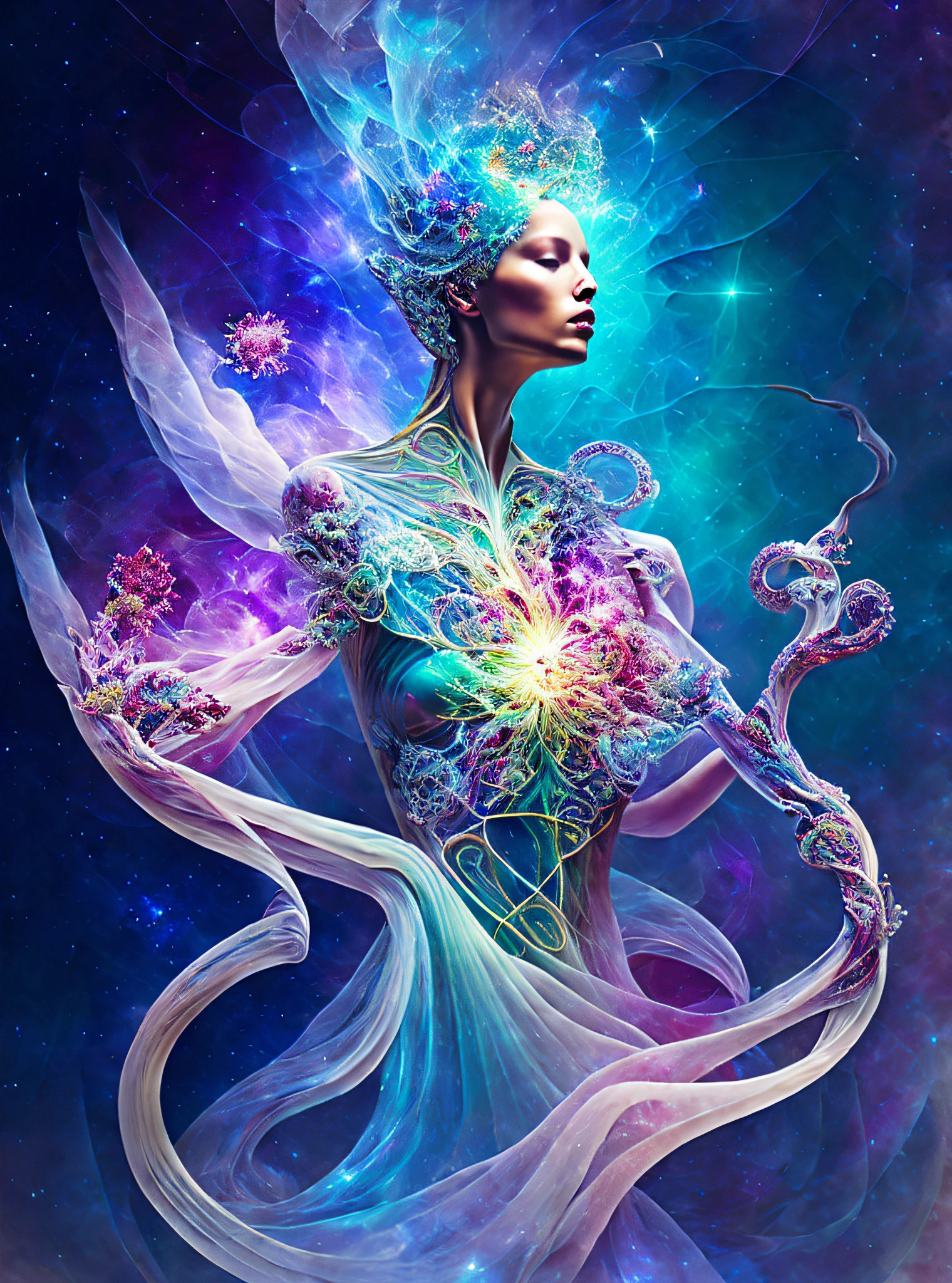 wear the universe as clothes、With raytraced rendering and digital painting、How humans transformed into ethereal beings, An unpretentious biological god holding sacred symbols, Greg Rutkowski and Michelangelo Buonarroti and Rembrandt, neo-classical, classical, celestial, cosmic, Luxury, Elegant, ornate, Vibrant and vivid, Smooth, Soft, billowing smoke, darkness, Bright, Heavenly, Elegant, swirls, Flowers of the Universe, Nebravine, nebula tree, Twirling, billowing, Cinematic, Unrealistic, High contrast, nffsw, 4 k, art  stations, cgsociety, Unreal Engine, Symbolism, Magical, Mystical, mistic, obscure, Perplexing, zbrush, octane, hyper realisitic, Bokeh, degrees of freedom