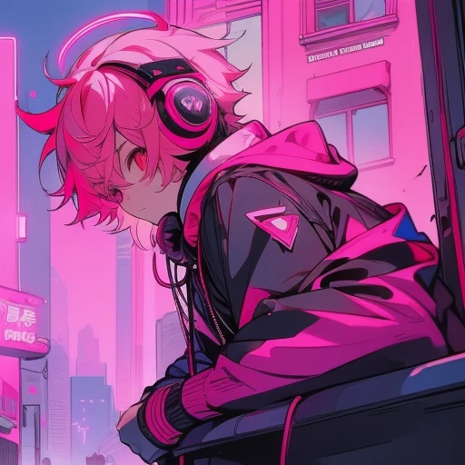 (short-cut), (Two-block hair), (vivid pink hair), (male character), (red eyes), (Cool pose), (of the highest quality), (​masterpiece), (ultra-detailliert), (Oversized hoodies), (headphones), (Street), (neons), (Camera from a down angle), (Modern City), (Neon Daylight), (Cinematic), (Stylish), (hight resolution), (Hyper Detailed), (Looking at the camera), (Anime-style), (Softtown), (nightcore), (a handsome man), (Listening to music), (natural appearance of the building), (casual)